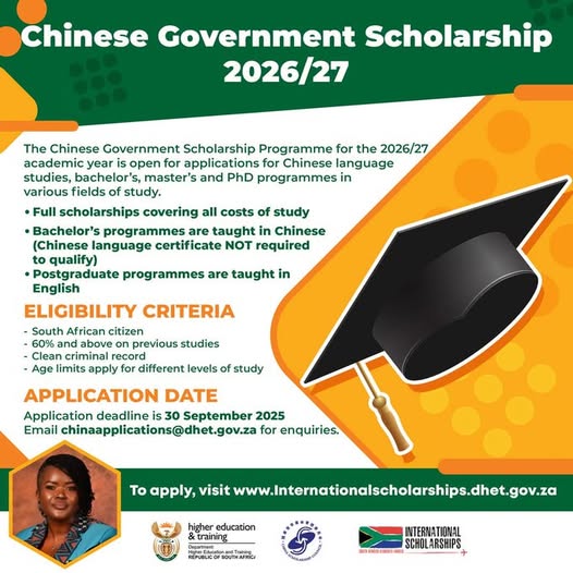GCIS Sedibeng (@gcis_sedibeng) on Twitter photo The Chinese Government Scholarship Programme 2026/27 is offering full scholarships to South African students.
🗓️ Deadline: 30 September 2025
📧 For enquiries email: chinaapplications@dhet.gov.za
📲 Application details: zurl.co/pnRly The Chinese Government Scholarship Programme 2026/27 is offering full scholarships to South African students.
🗓️ Deadline: 30 September 2025
📧 For enquiries email: chinaapplications@dhet.gov.za
📲 Application details: zurl.co/pnRly