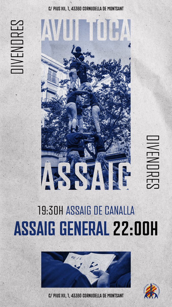 Treballarem avui el que volem fer demà.
Assaig previ a diada. Assaig previ a Sant Cristofol. Prioratines i prioratins, que s’esfonsi el local!
🔵 Assaig de canalla: 19:30h
⚫️ Assaig general: 22:00h

#castells #priorat