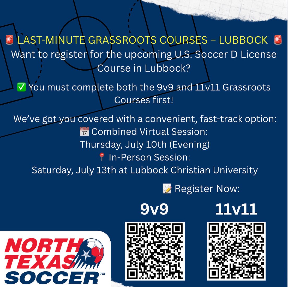 LCU Men's Soccer (@lcumenssoccer) on Twitter photo Exciting Learning Opportunity for WTX Soccer Coaches!
We are hosting two USSF Grassroot Courses in Lubbock at LCU!
9v9 and 11v11!!! Once passed you can do the USSF D in later July at LCU as well!
Sign up today!
9v9:
learning.ussoccer.com/coach/courses/β¦
11v11:
learning.ussoccer.com/coach/courses/β¦ Exciting Learning Opportunity for WTX Soccer Coaches!
We are hosting two USSF Grassroot Courses in Lubbock at LCU!
9v9 and 11v11!!! Once passed you can do the USSF D in later July at LCU as well!
Sign up today!
9v9:
learning.ussoccer.com/coach/courses/β¦
11v11:
learning.ussoccer.com/coach/courses/β¦