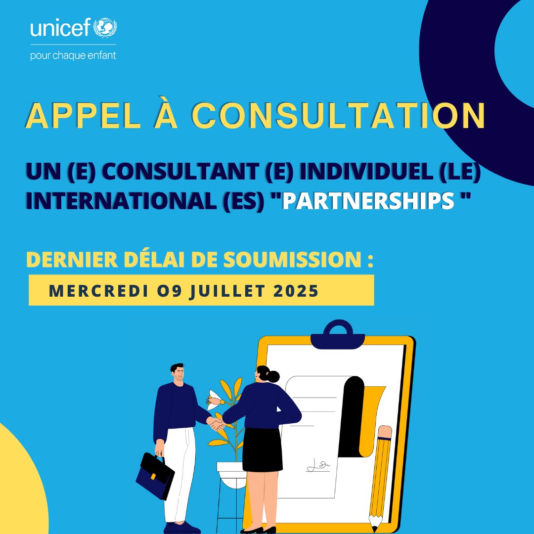 UNICEF MAROC recherche un(e) Consultant(e) individuel(le) International(le) « Partnerships »
 
👉Consultez les détails et les termes de référence via : docs.google.com/document/d/1_8…
 
💻Pour Postuler : secure.dc7.pageuppeople.com/apply/671/cw/a…
 
📅Dernier délai de soumission : Mercredi 09 Juillet 2025