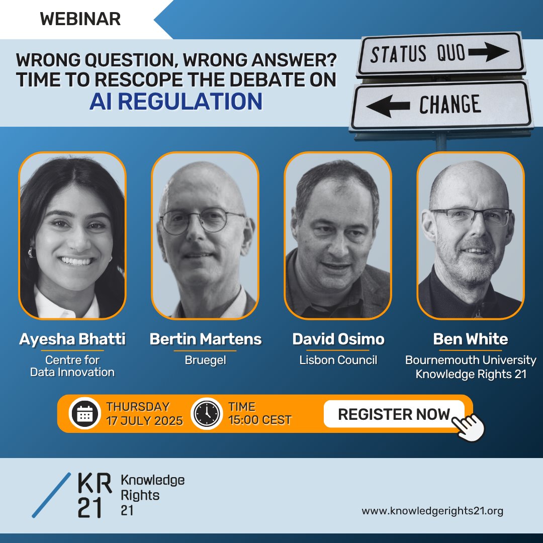 KnowledgeRights21 (@kr21org) on Twitter photo 🤖 Webinar Alert | 17 July-15h CEST | Wrong Question, Wrong Answer? Time to Rescope the #AI Regulation Debate
⚠️ Fixating on copyright to regulate AI training is counterproductive. Join experts from:
<a href="/DataInnovation/">Center for Data Innovation</a>
<a href="/Bruegel_org/">Bruegel</a>
<a href="/lisboncouncil/">lisboncouncil</a>
🔗 kr21.info/17july25 🤖 Webinar Alert | 17 July-15h CEST | Wrong Question, Wrong Answer? Time to Rescope the #AI Regulation Debate
⚠️ Fixating on copyright to regulate AI training is counterproductive. Join experts from:
<a href="/DataInnovation/">Center for Data Innovation</a>
<a href="/Bruegel_org/">Bruegel</a>
<a href="/lisboncouncil/">lisboncouncil</a>
🔗 kr21.info/17july25