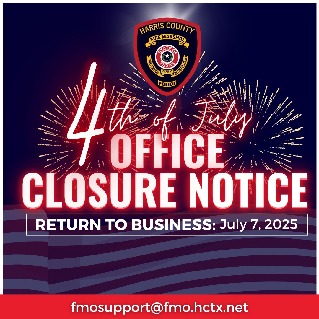 @hcfmo (@hcfmo) on Twitter photo Happy Independence Day!
HCFMO Admin Offices are closed today, but the HCFMO Fireworks Task Force remains actively at work across Harris County, to ensure safety during the holiday celebrations.
Have a fire safe day! For assistance, contact fmosupport@fmo.hctx.net. Happy Independence Day!
HCFMO Admin Offices are closed today, but the HCFMO Fireworks Task Force remains actively at work across Harris County, to ensure safety during the holiday celebrations.
Have a fire safe day! For assistance, contact fmosupport@fmo.hctx.net.