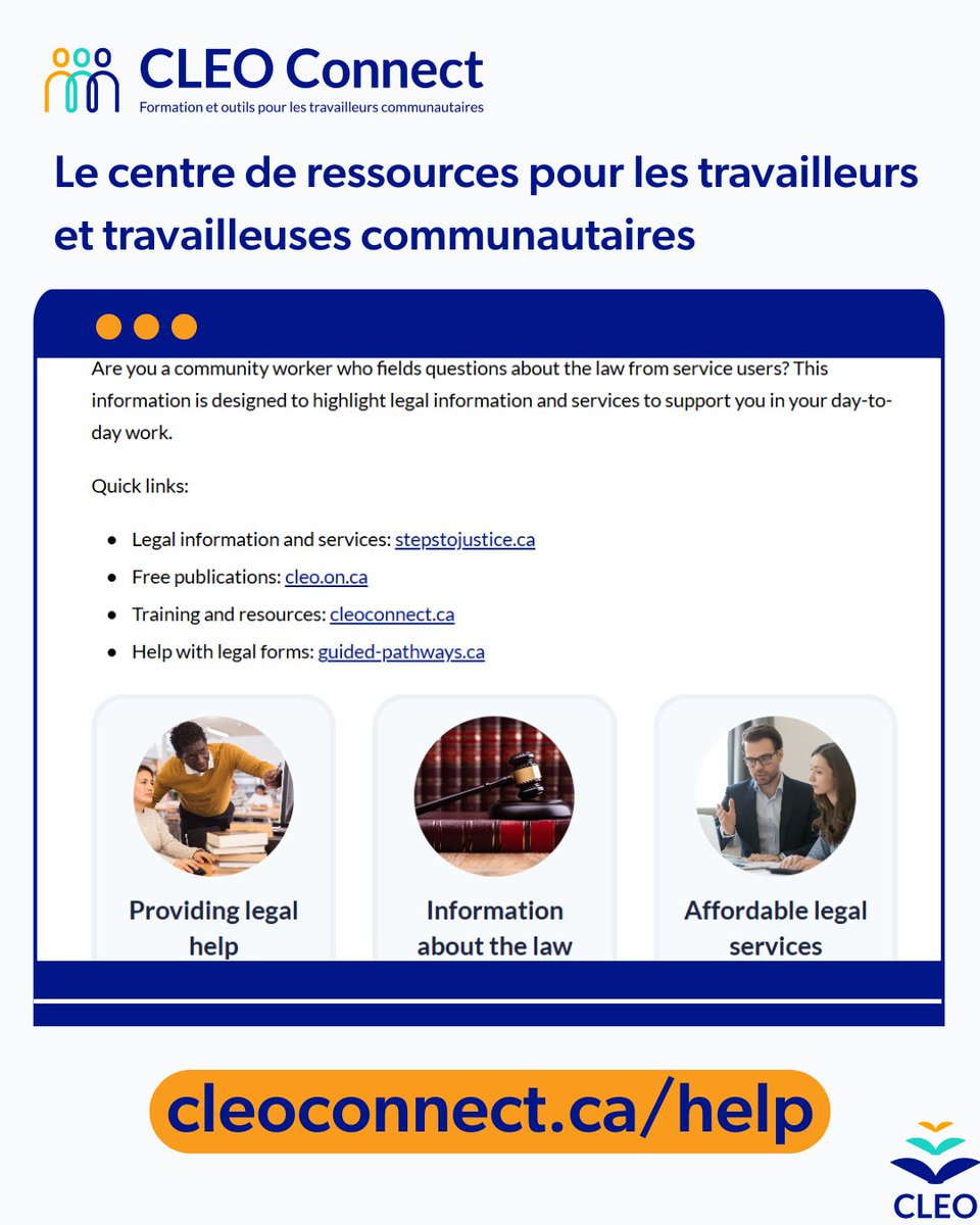 CLEOConnect's tweet image. Êtes-vous un travailleur ou une travailleuse communautaire?
Le centre de ressources de CLEO Connect est là pour vous aider à répondre aux questions juridiques de vos clients et clientes.
Pour en savoir plus, consultez : cleoconnect.ca/help (disponible en anglais seulement)