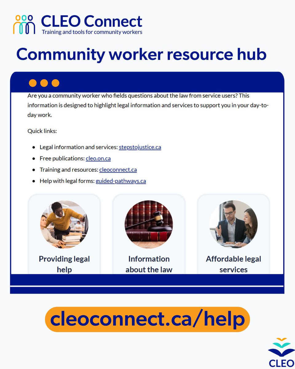 CLEOConnect's tweet image. Are you a community worker? CLEO Connect’s resource hub can help you handle your clients’ legal questions.
To learn more visit cleoconnect.ca/help