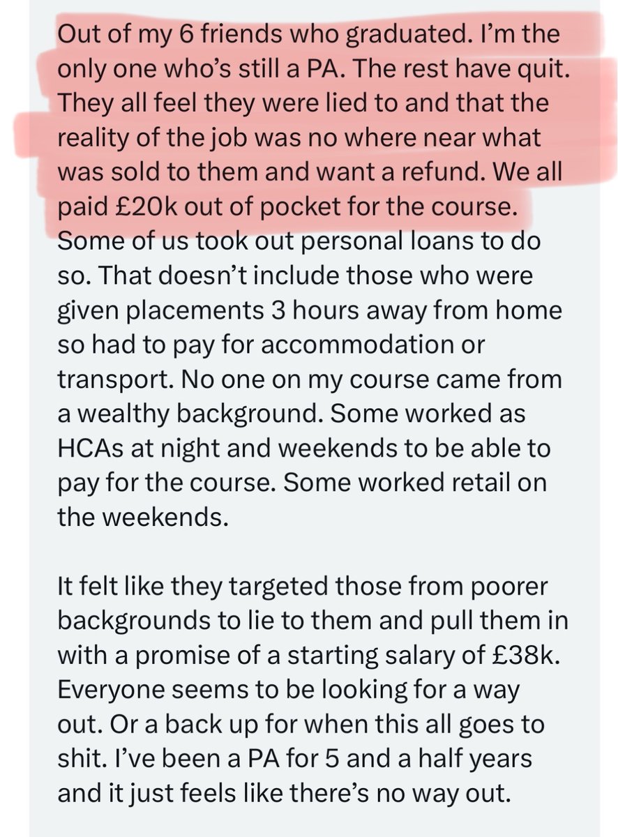 MedRegoncall1's tweet photo. 🏴‍☠️ Look at this excellent insight from one of the Physician Associates who were sold a big lie to join the quackery PA course:

An old American dude delivered a careers seminar and made it look as if doctors had asked for PAs to come in and help! 💀

⭕️ They said the job market was open and that everyone would be able to get whatever job they liked.

⭕️ They said we're generalists, so when you go work on a surgical ward, you can remind doctors and consultants about the medical side of the patients (as if they wouldn’t know).

⭕️ Out of my 6 friends who graduated, I’m the only one who’s still a PA. The rest have quit.

⭕️ They all feel they were lied to, that the reality of the job was nowhere near what was sold to them, and they want a refund. We all paid £20k out of pocket for the course.

PAs clawed their way there with their nails falling off, desperate to get to that position, only to end up becoming Assistants?