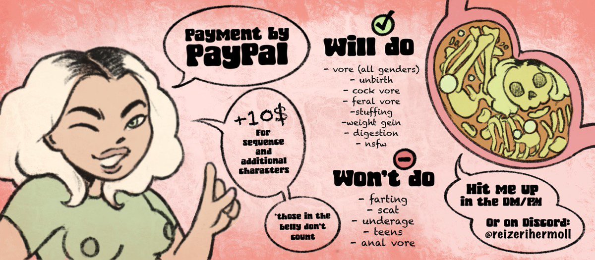 ✨ COMMISSION OPEN AGAIN ✨
I added some small ditales to the chart and just a raise in prices 
Hey a girl gotta eat ! ( And be eaten...) 

#vore