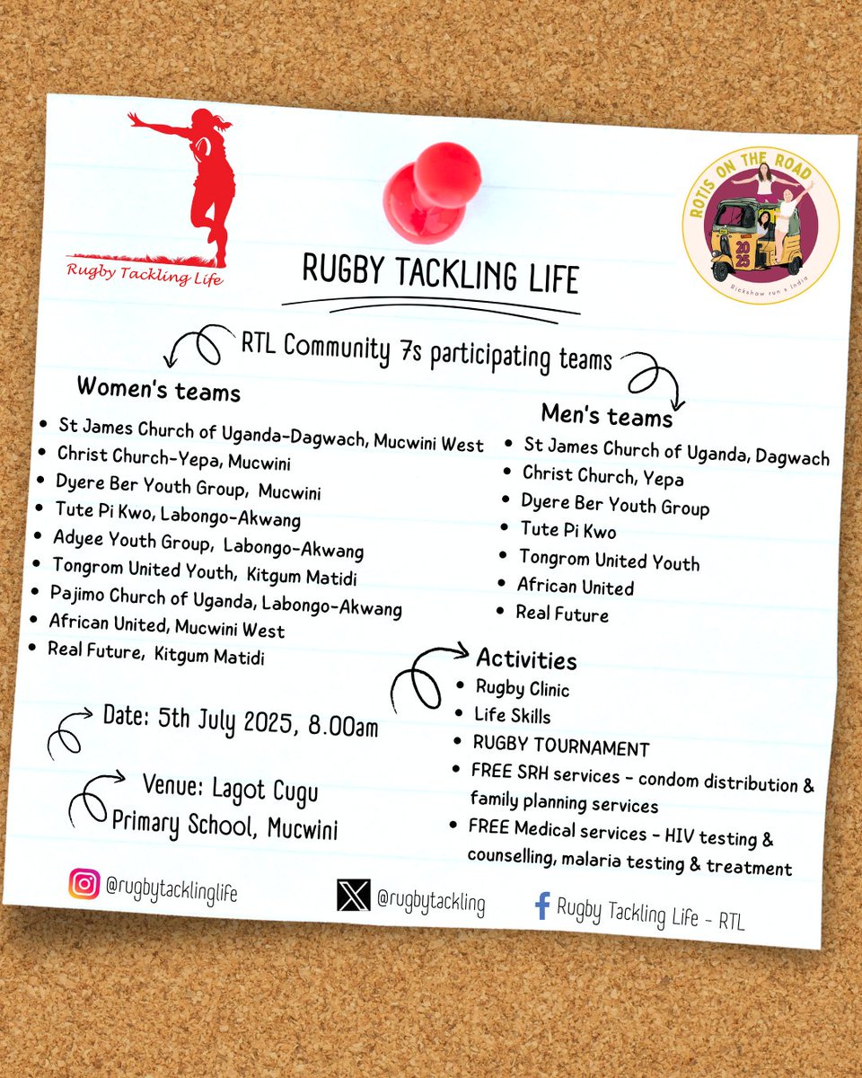 Rugby Tackling Life (RTL) - Uganda (@rugbytackling) on Twitter photo Teams from Mucwini, Labongo-Akwang & Kitgum Matidi subcounties will participate in the RTL Community 7s at Lagot Cugu Primary School tomorrow.
There will also be free medical & SRH services for community members.
We're more than just rugby!π
#RugbyTacklingLife
#RotisOnTheRoad Teams from Mucwini, Labongo-Akwang & Kitgum Matidi subcounties will participate in the RTL Community 7s at Lagot Cugu Primary School tomorrow.
There will also be free medical & SRH services for community members.
We're more than just rugby!π
#RugbyTacklingLife
#RotisOnTheRoad