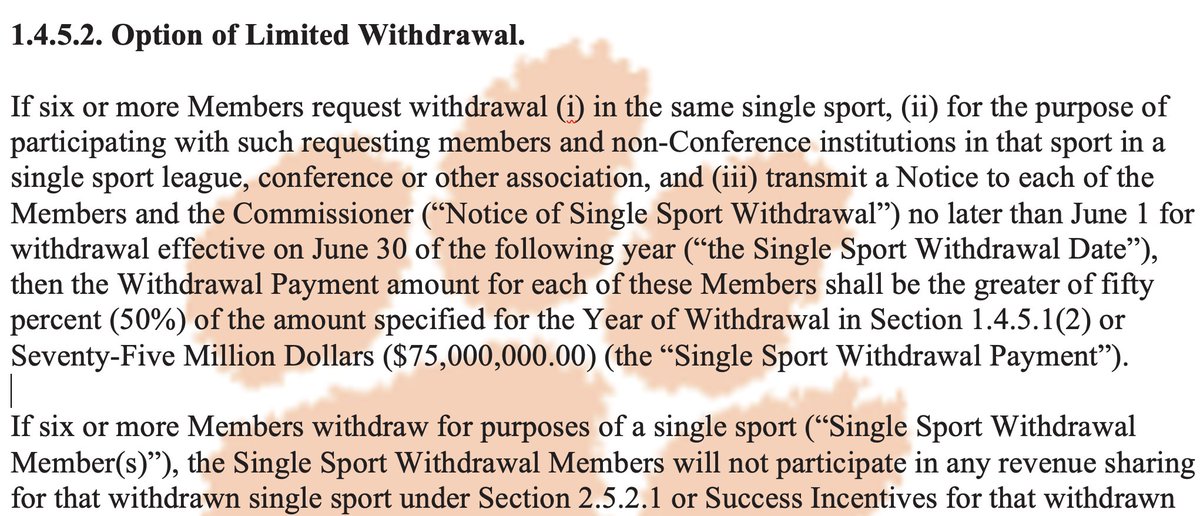 mckenzielaw's tweet image. The Athletic reported on this yesterday. I see this section as the ACC's death warrant, maybe a hidden genius, and yet another massive win for Clemson and FSU in this Settlement Agreement. Section 1.4.5.2 is a blueprint for the ACC's own PARTIAL dissolution into a football super…