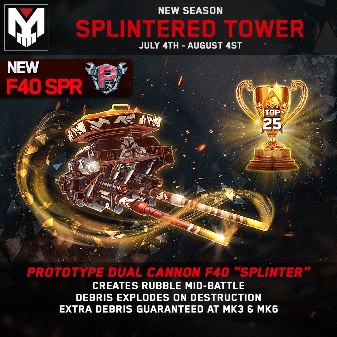 Attention, Airmen!

The towers are falling. Not to time, but to teeth. Concrete breaks. Steel buckles. And still, they come.

Season 27: SPLINTERED TOWER introducing the F40 SPR “Splinter” a prototype heavy cannon that turns debris into detonation.