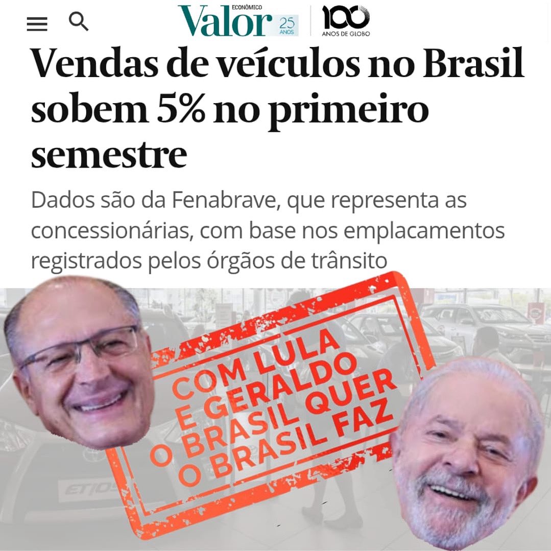 O brasileiro melhorou de vida com o presidente <a href="/LulaOficial/">Lula</a> e já é capaz de realizar seus sonhos. A venda de veículos leves aumentou 5% neste primeiro semestre em comparação ao ano passado, que já teve a base alta. Apesar dos juros e daqueles que torcem contra, o Brasil continua