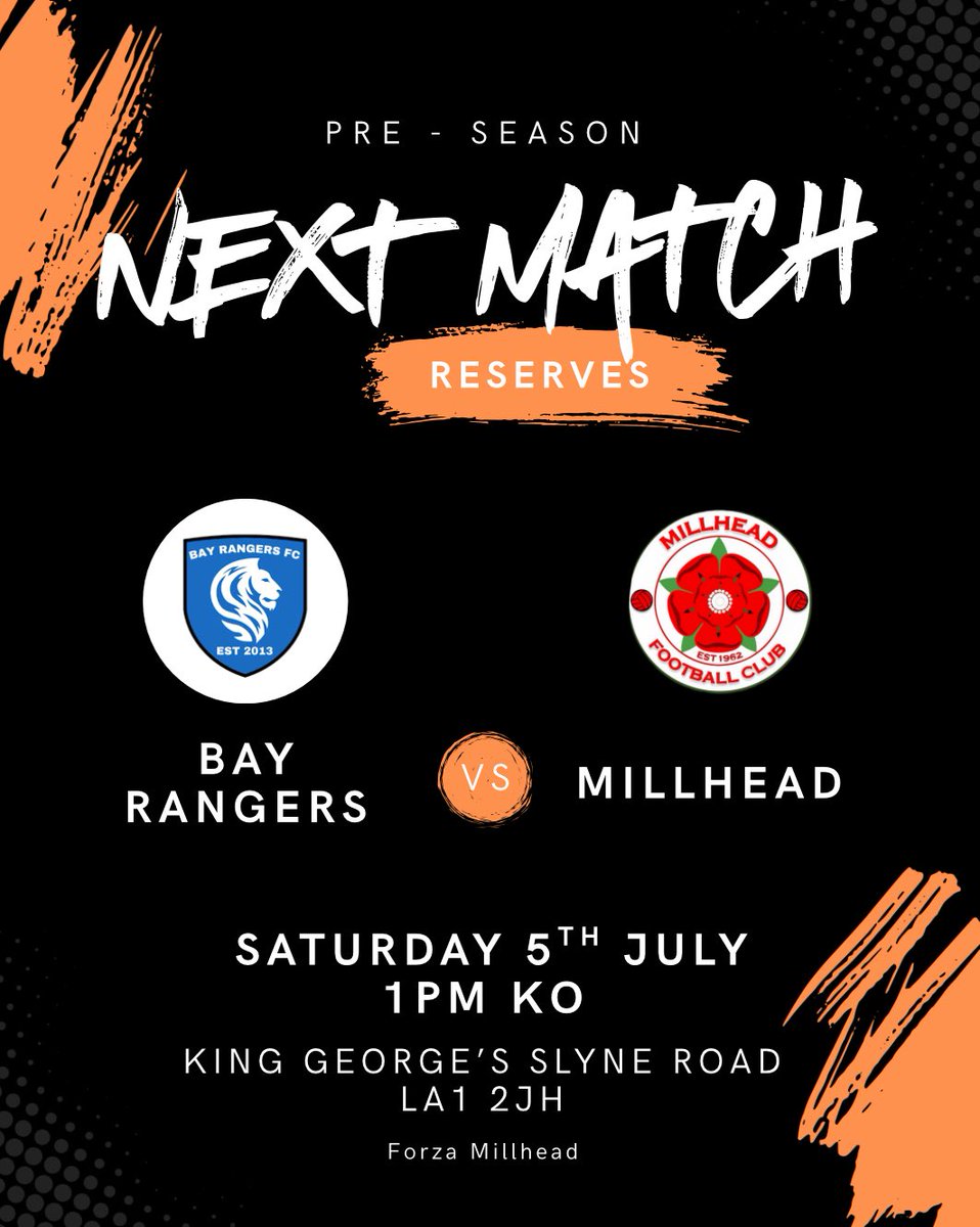 Need your football fix?

We get our pre season schedule started tomorrow as we face Bay Rangers Reserves down on King George’s Field, Slyne Road.

All spectators welcome down!

#forzamillhead 🧡
