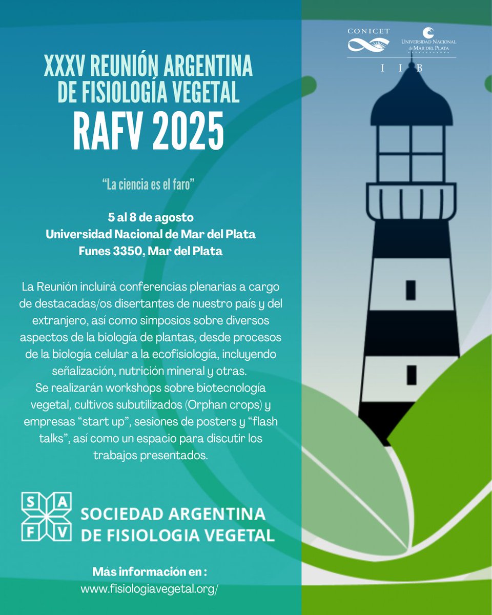 IIB-CONICET-UNMdP (@iibconicetunmdp) on Twitter photo Del 5 al 8 de agosto se desarrollará la XXXV Reunión de Fisiología Vegetal RAFV 2025, organizada por la Sociedad Argentina de Fisiología Vegetal.🌱 El encuentro incluirá conferencias plenarias, simposios, workshops, sesiones de posters y “flash talks”.🗣
<a href="/SocArgFisVeg/">Sociedad Argentina de Fisiología Vegetal</a> Del 5 al 8 de agosto se desarrollará la XXXV Reunión de Fisiología Vegetal RAFV 2025, organizada por la Sociedad Argentina de Fisiología Vegetal.🌱 El encuentro incluirá conferencias plenarias, simposios, workshops, sesiones de posters y “flash talks”.🗣
<a href="/SocArgFisVeg/">Sociedad Argentina de Fisiología Vegetal</a>
