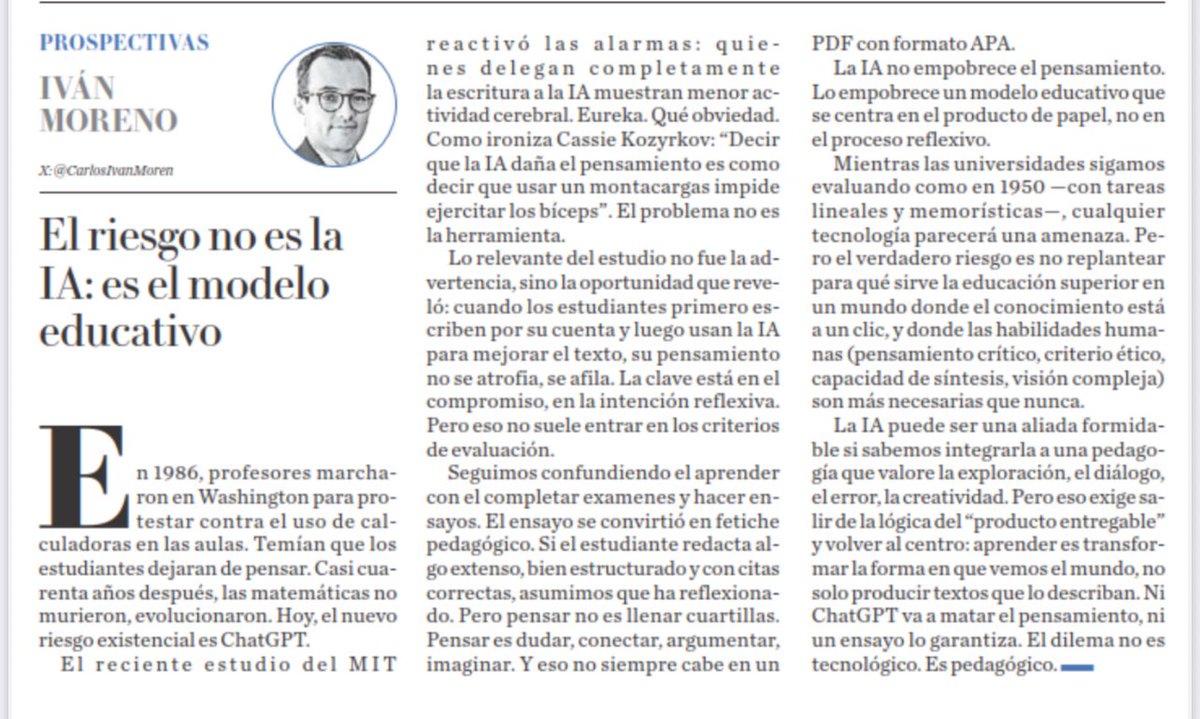 Un sesudo estudio del MIT muestra que cuando se delega la escritura al ChatGPT los estudiantes dejan de pensar. ¡Eureka! 🤔

La IA no empobrece el pensamiento. Lo empobrece un modelo educativo centrado en el ensayo, no en el proceso reflexivo📝 

Pensar no es llenar cuartillas.