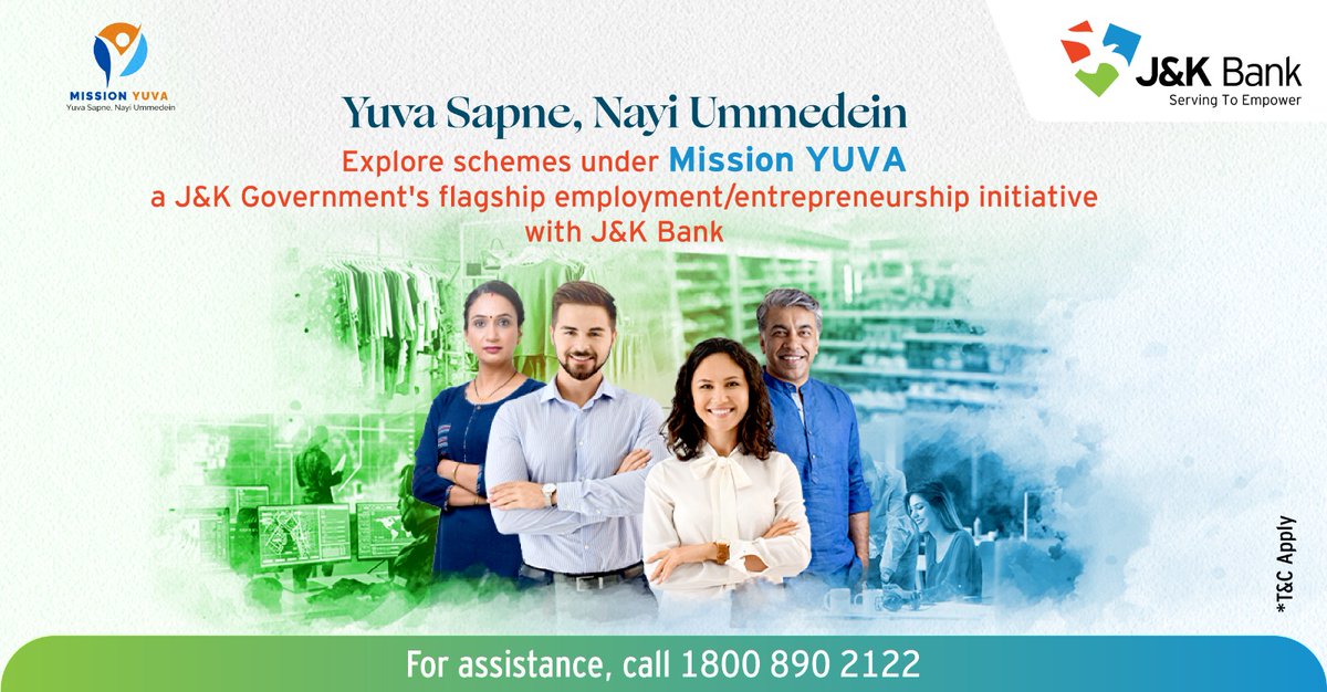 Under the YUVA Mission, J&amp;K Bank is proud to be a catalyst for change, supporting the next generation of entrepreneurs, innovators, and skilled professionals across Jammu &amp; Kashmir and beyond.

Apply now.

To know more, click here - missionyuva.jk.gov.in

To know more about the