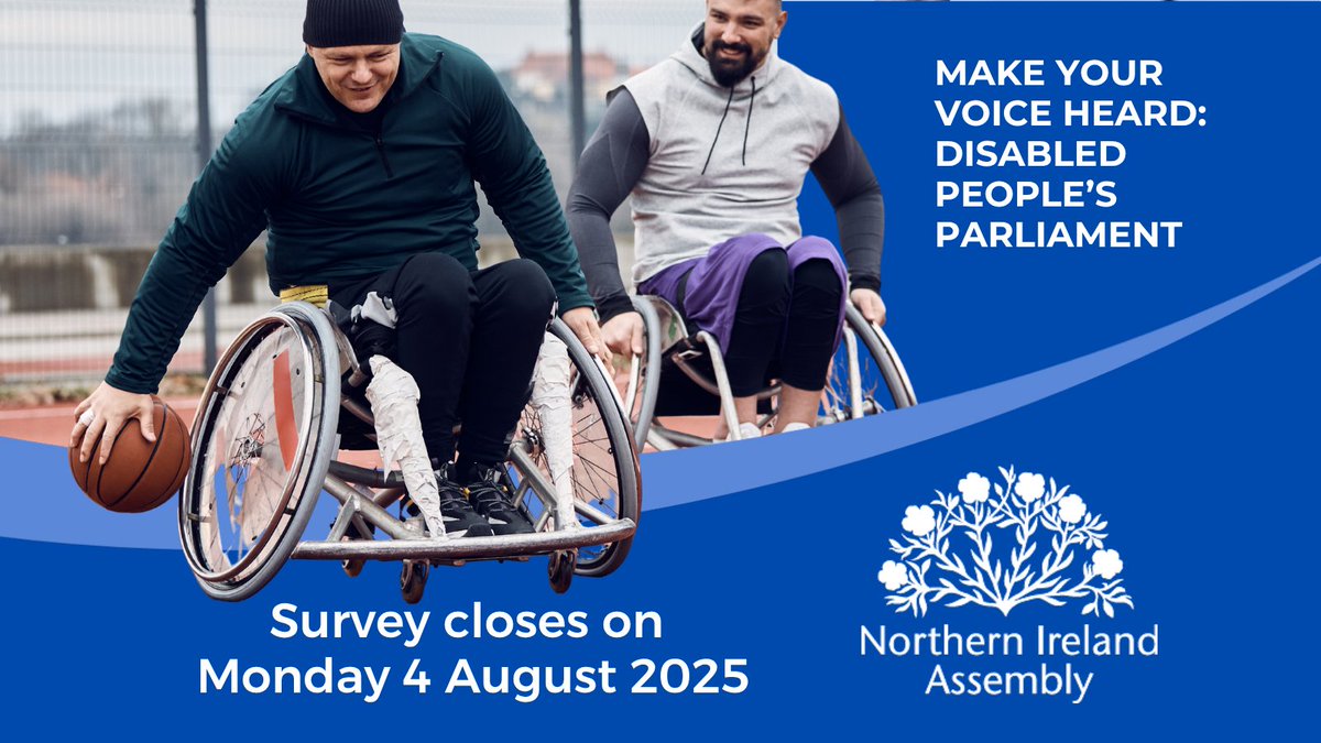 niassembly's tweet image. Your views matter! The Disabled People’s Parliament is a platform for you to share what’s important to you.
Whether it’s accessibility, support services, or healthcare, let us know what topics should be discussed.
Fill out the survey today.
🗓️ Survey closes: Monday 4 August…