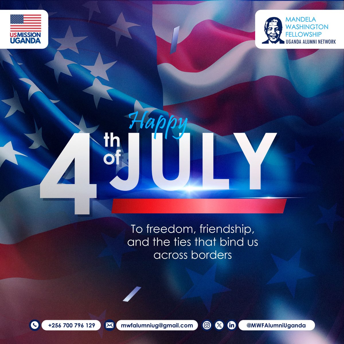 Wishing our American friends a joyful #4thofJuly!

The MWF Alumni Network of Uganda celebrates the spirit of freedom, unity and shared purpose that drives our partnership.

#Happy4thOfJuly
