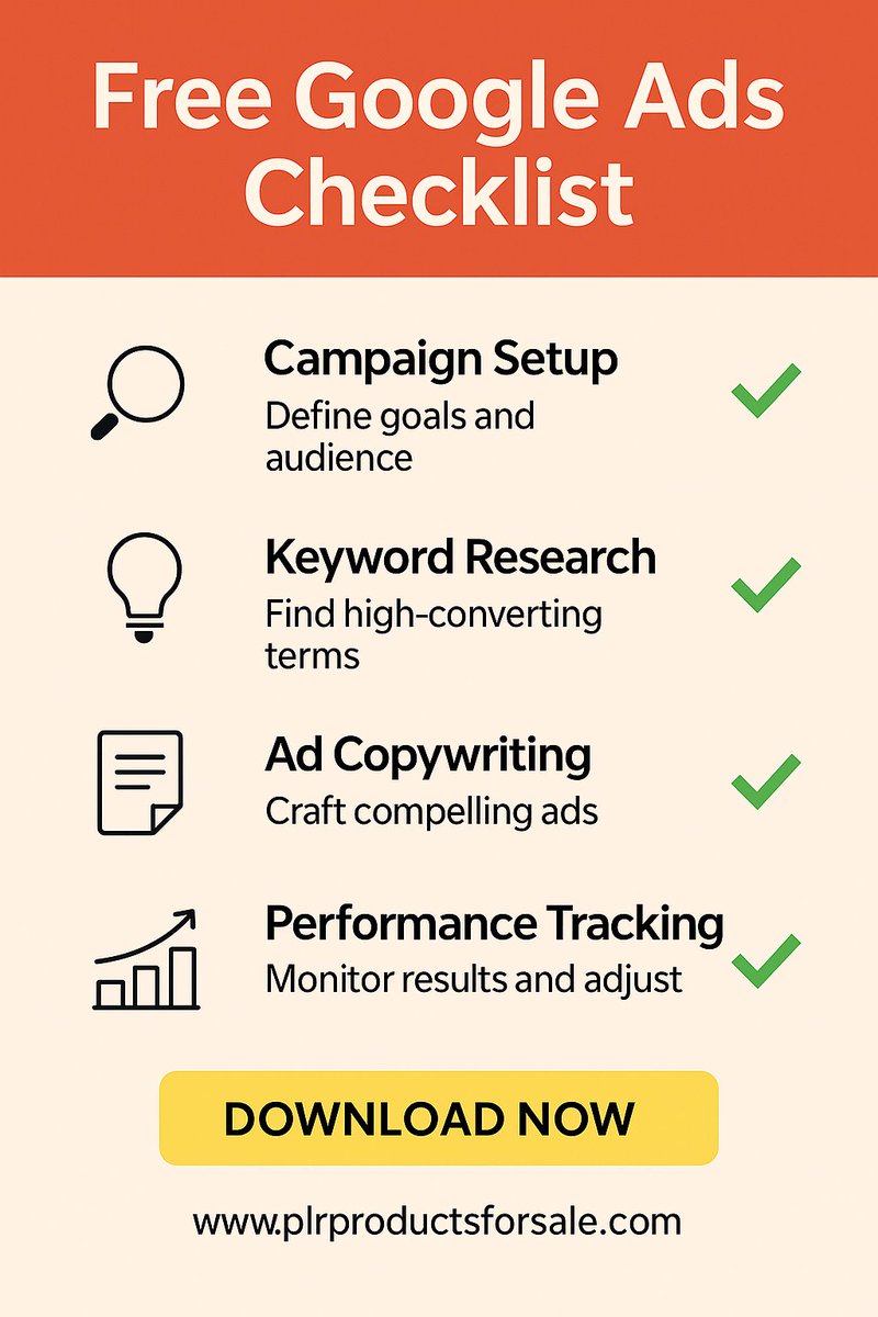 🎯 Running Google Ads? Get better results with this FREE checklist 👉 plrproductsforsale.com/shop/free-goog…
#GoogleAds #MarketingTips 

💬 ChatGPT Prompt:
“Create a checklist to set up and optimize a Google Ads campaign for a digital product targeting U.S. customers.”