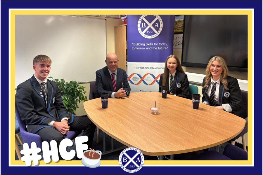 BanffAcademyBXA's tweet image. 🌟 Hot Chocolate Friday 🌟
On our final Hot Chocolate Friday of the school year, Headteacher, Mr Horberry was joined for a hot chocolate and a chat by a group of S5/6 superstars who have used their School Leaver Profile skills to impress staff. Well done! 🙌 #hcf