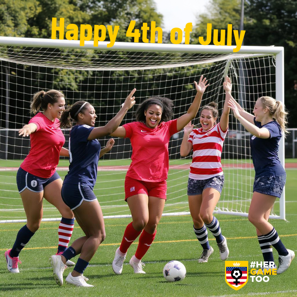 🎆 Happy Fourth of July from Her Game Too USA! 🎆
This Independence Day, we celebrate the freedom &amp; joy found on the pitch. Soccer brings us together, builds strength &amp; creates memories. This weekend, grab a ball &amp; play! Wishing you a safe &amp; happy Fourth of July! #HerGameTooUSA