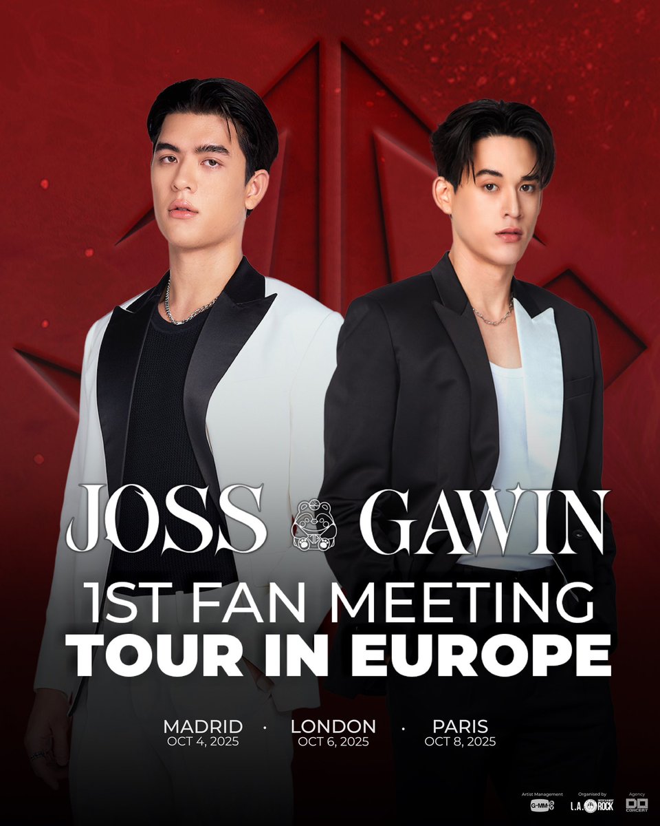 Ready for Joss &amp; Gawin?💚🩸

📅 TICKETS HERE 

📍 Oct 4 – Madrid 🇪🇸

📍 Oct 6 – London 🇬🇧

📍 Oct 8 – Paris 🇫🇷

👉🏻linktr.ee/larockenter?ut…

#JossGawin1stEuropeanTour 
#JossGawin
#JossWayar
#GawinCaskey
#GMMTV
#doconcert
#LAROCK