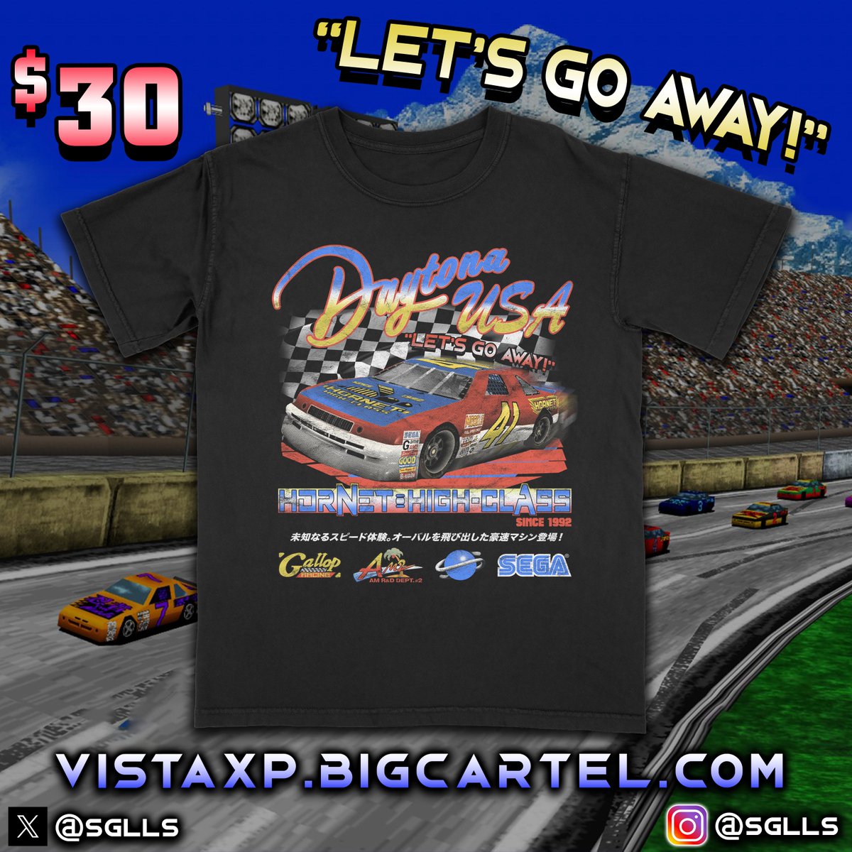 Now available on VISTA XP: 
Let's Go Away!

Celebrate the world's best hyper realistic 3-D racing game with this commemorative t-shirt, designed by Matt Botvin.

(link in reply)