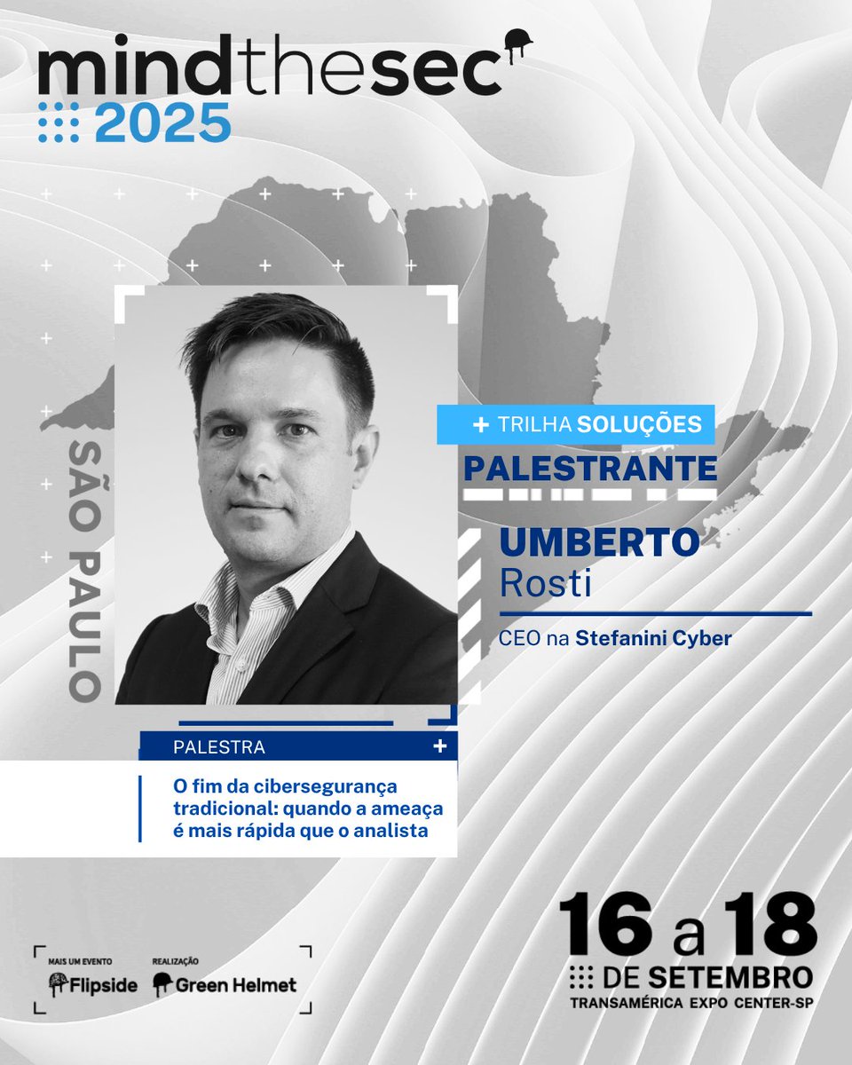 MindTheSec's tweet photo. 📌 Na trilha Soluções, Umberto Rosti debate como a automação, IA e estratégias em tempo real estão substituindo a defesa reativa e moldando o novo paradigma da cibersegurança.

Participe do Mind the Sec e fique por dentro do fim da cibersegurança tradicional. https://t.co/ZrvbASLbv5