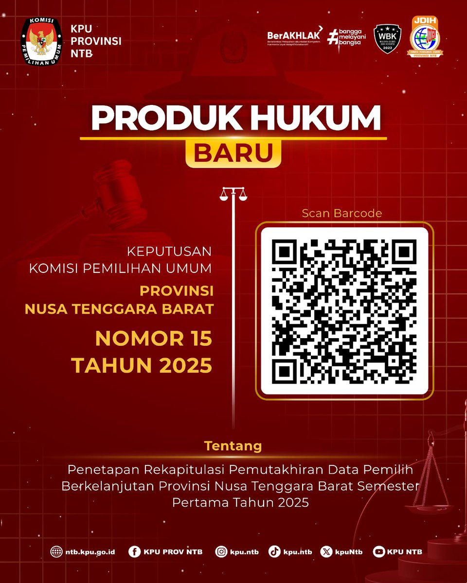 jdih_kpuntb's tweet photo. Hai #SahabatJDIH, Diinformasikan bahwa pada hari ini telah terbit produk hukum baru yang bisa kamu akses cukup dengan SCAN BARCODE ya! Terima kasih...
#kpuri
#jdihkpuri
#kpuntb
#jdihkpuntb
#KPUMelayani
#Integritas24Jam
#LoyalitasTanpaBatas https://t.co/al4IH8iypx