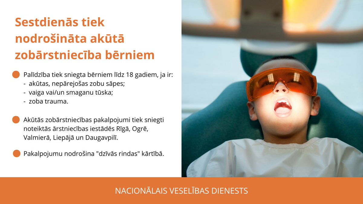 Sestdienās noteiktās ārstniecības iestādēs tiek nodrošināta akūtā zobārstniecība bērniem ar akūtām, nepārejošām zobu sāpēm vai tūsku, kā arī zobu traumas gadījumā. 🦷
Vairāk informācijas un iestāžu saraksts 👉 vmnvd.gov.lv/lv/zobarstniec…