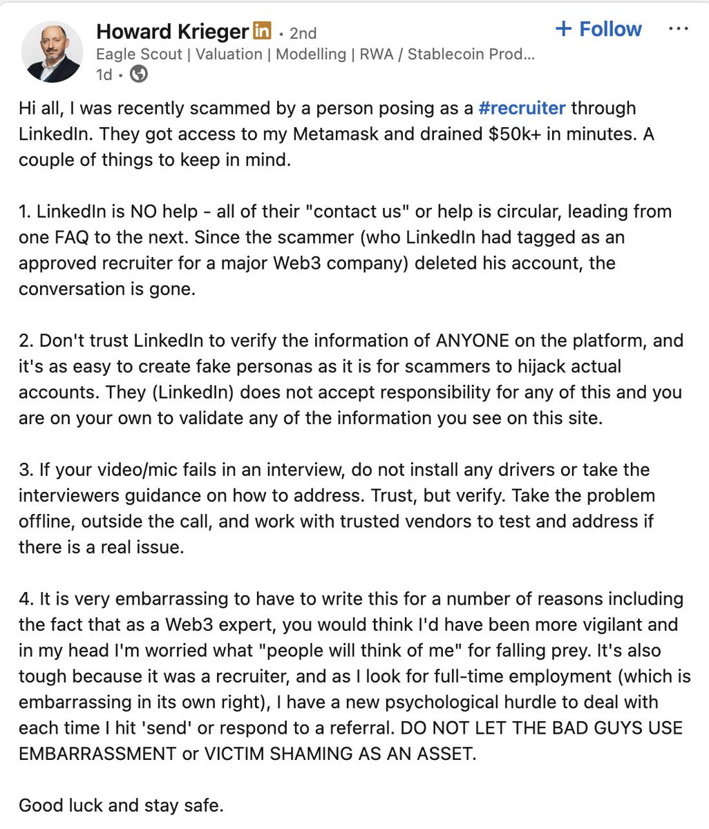 Spotted in the wild. Victim of the North Korean fake job interview has his whole Metamask account drained.

Lost $50k!