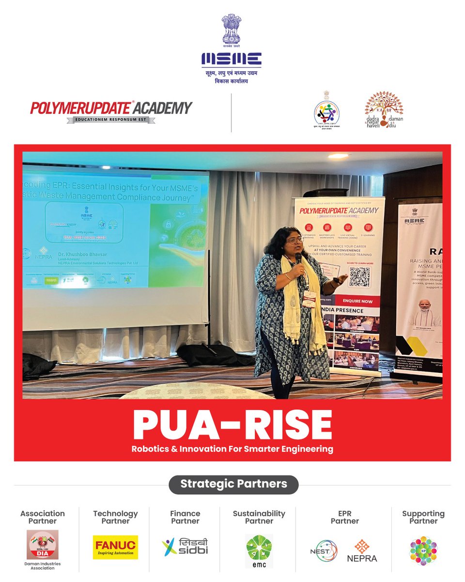 ♻️ Decoding EPR for a Cleaner, Compliant Future 🧩🌍
One of the most insightful sessions at the PUA-RISE Forum came from Dr. Khushboo Bhavsar, Lead – Advisory, NEST by NEPRA, who presented on “Decoding EPR: Essential Insights for Your MSME's Plastic Waste Management Journey.”