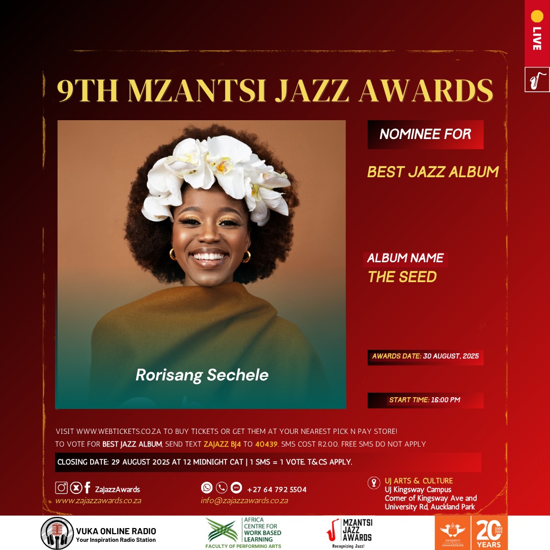 🌻Best Jazz Song – African Orchid
SMS ZAJAZZ BS6 to 40439

🎶Best Jazz Album – The Seed
SMS ZAJAZZ BJ4 to 40439

Each SMS costs R2, and your support means more than I can put into words. Let’s bring these awards home.🌿✨