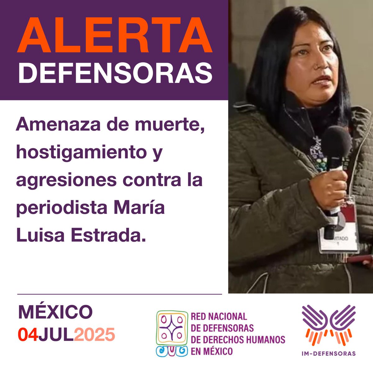 📣⚠️🚨#AlertaDefensoras MÉXICO / Amenaza de muerte, hostigamiento y agresiones contra la periodista María Luisa Estrada. 
🗣Nos preocupa la sistematicidad e incremento de las amenazas y hostigamientos que ponen en riesgo la vida de María Luisa. 
📌+Info.➡️ bit.ly/45QgQKp