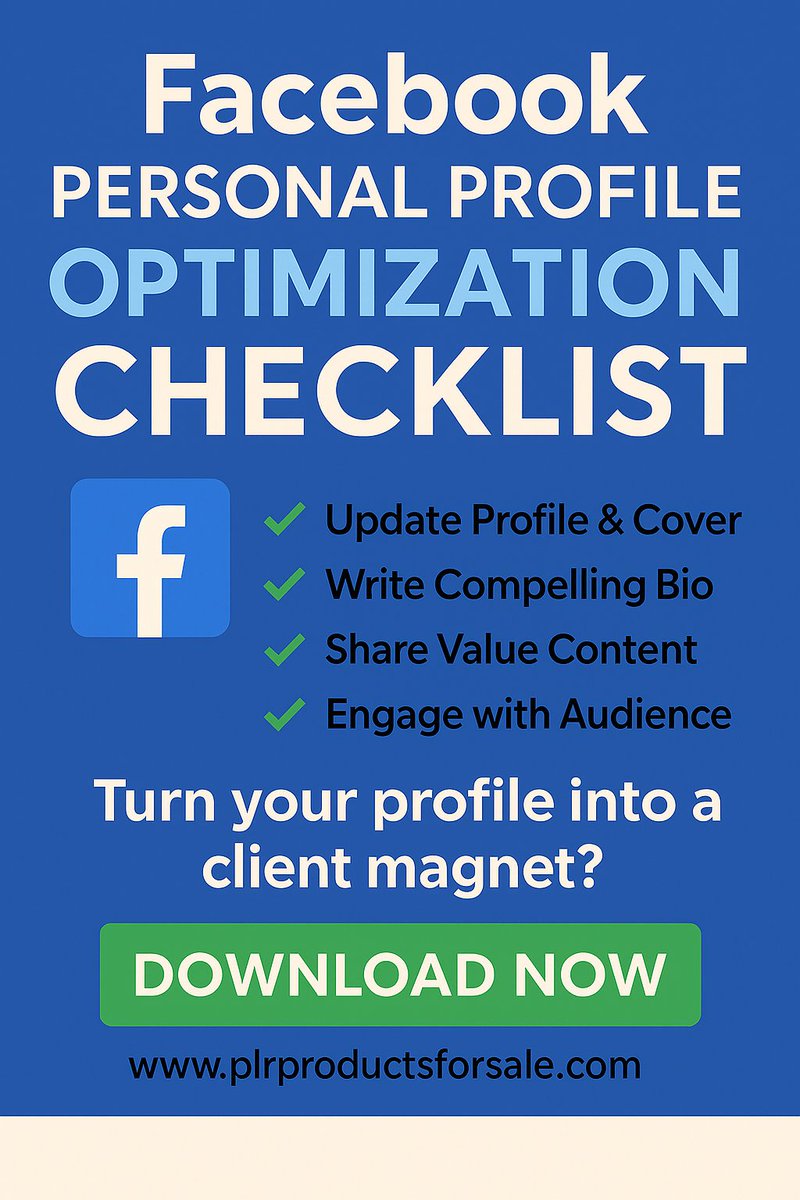 Boost visibility!
Grab your FREE Facebook Personal Profile Checklist now 👇
 plrproductsforsale.com/shop/free-face…
#FacebookMarketing #Freebie
ChatGPT Prompt:
"Write a client-attracting Facebook bio in 160 characters."