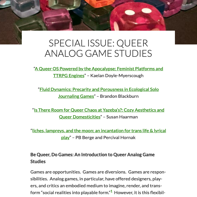 Happy #FourthofJuly! Happy belated #Pride special issue of <a href="/AnalogGameJrnl/">Analog Game Studies</a>: "Queer Analog Game Studies" -- analoggamestudies.org -- feat. four amazing essays &amp; my introduction "Be Queer, Do Games: An Introduction to #QueerAnalogGameStudies"  #analoggamestudies .<a href="/queergames/">queergames</a>