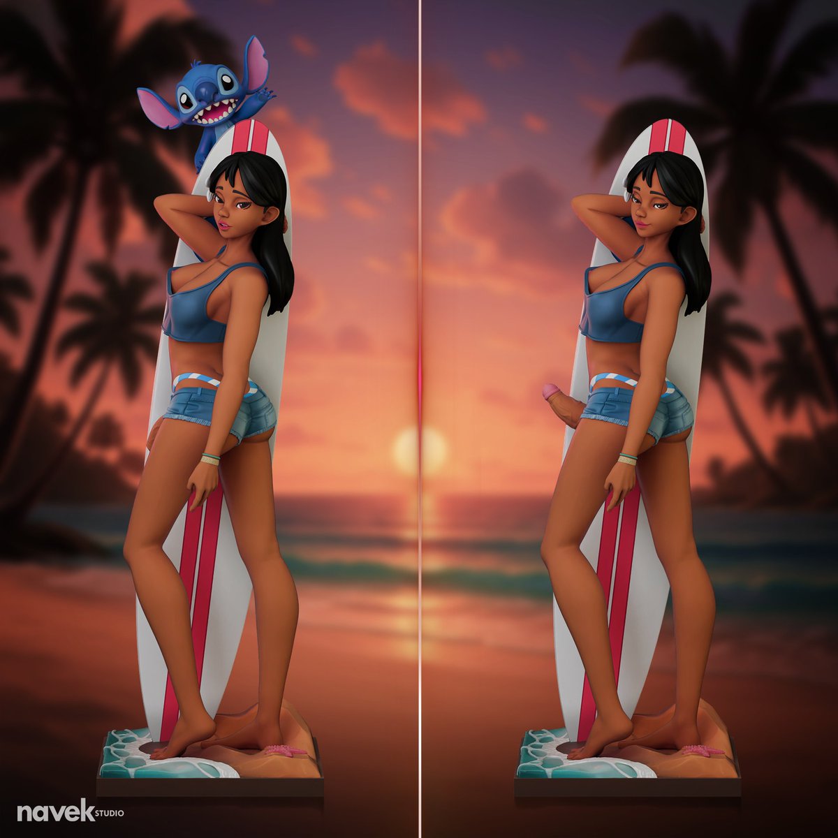 NavekStudio's tweet photo. Ya finalice el modelo de #NaniPelekai, fue el primer modelo que realizó a través de votación en mi #patreon, estaba nervioso por el resultado, pero al final me gustó, incluso integré a Stitch en la escena ✨

Aquí pueden ver tanto su versión #NSFW y #FUTA.

#3dprint #fanart https://t.co/OEoZNQctfF
