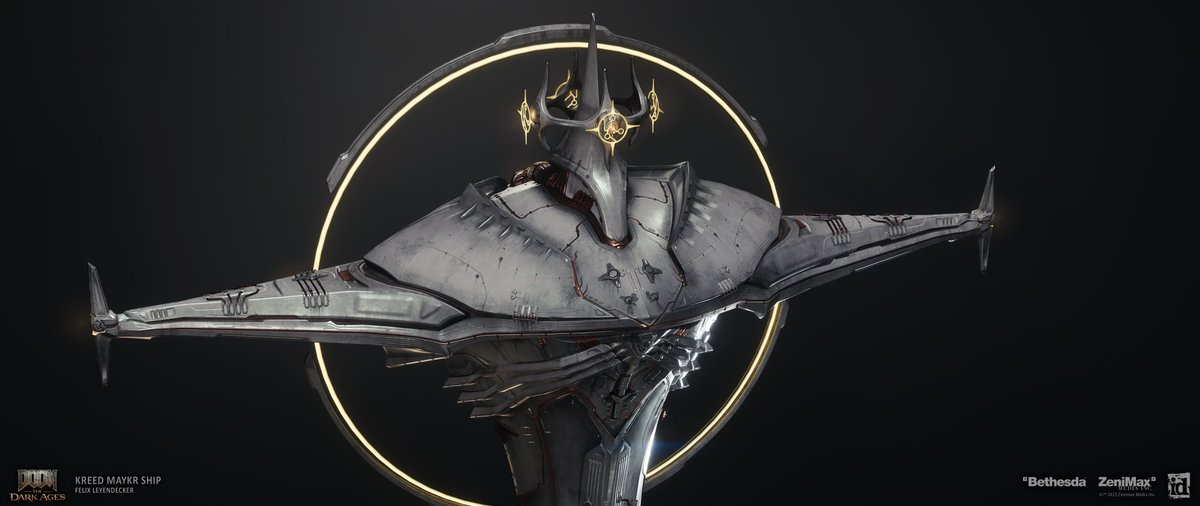 FelixLionDagger's tweet image. Kreed Ship from #DOOMTheDarkAges.
This was modeled traditionally with subD, but due to its size, it also used a blended material for tiling material detail, a geodecal and stamp pass for surface detail and kitbashing additional props on top of that.
Concept by @MistaksWerMade