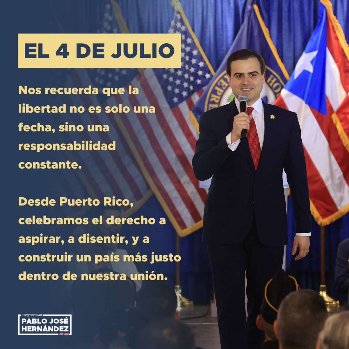 RepPabloJose's tweet photo. 🇺🇸 Que esta fecha nos convoque no solo a celebrar, sino a actuar con propósito.
Desde Puerto Rico, seguimos defendiendo la dignidad, la equidad y la verdad. https://t.co/Rc5sMFgAbT