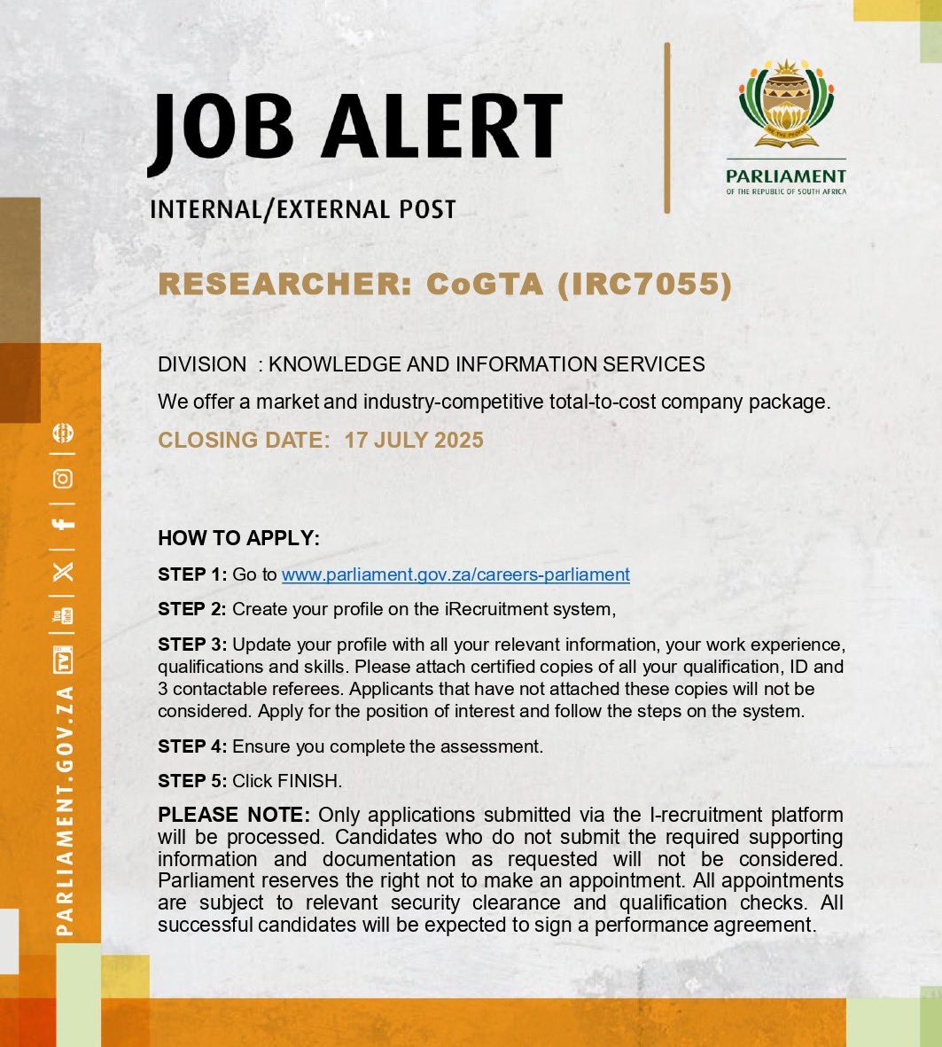 RESEARCHER: CoGTA (X2 POSTS)

JOB SUMMARY 
As a Researcher, you will provide strategic research support to Members and Committees in support of their oversight, legislative, public and international participation functions, as well as specialised research support to Senior
