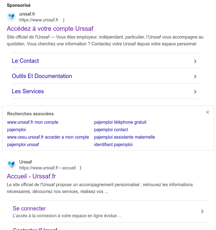 Sérieux <a href="/urssaf/">Urssaf</a> ? Je m'appelle Nicolas et je veux bien payer les services publics, mais mes cotisations ne sont pas là pour rincer Google...
On peut savoir combien ça vous coûte sur un an de payer ces pubs sponsos sur votre propre nom ?