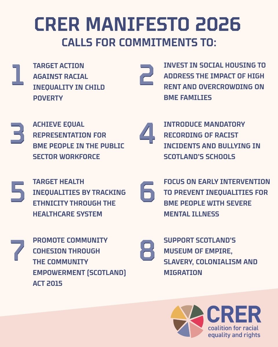 crer_scotland's tweet image. ✅CRER has officially launched our Manifesto for an Anti-Racist Scotland.
The 2026 Scottish Parliament Election is a vital moment to challenge political parties on racism and inequality. Please support and share!
Read the Manifesto and ideas for action: crer.org.uk/manifesto-2026