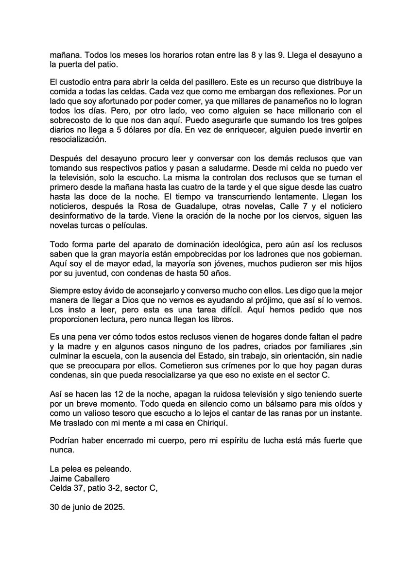 Carta de Jaime Caballero desde la Mega Joya