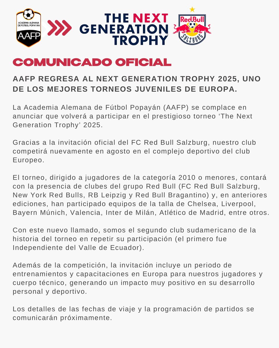 Anuar Muñoz (@anuar_munoz) on Twitter photo #NúmerosdeAnuar
Comunicado oficial de <a href="/_AAFPopayan/">Academia Alemana Popayán - AAFP</a> frente a la participación del The next generation trophy que se llevará a cabo en Europa, gracias a la invitacion de FC Red Bull Salzburg, y si...equipo y proyecto de Popayán
<a href="/PopayanCO/">popayanco</a> <a href="/velezfutbol/">Carlos Antonio Velez</a> <a href="/olsendeportes/">Mariano Olsen</a> <a href="/josasc/">José Orlando Ascencio</a> #NúmerosdeAnuar
Comunicado oficial de <a href="/_AAFPopayan/">Academia Alemana Popayán - AAFP</a> frente a la participación del The next generation trophy que se llevará a cabo en Europa, gracias a la invitacion de FC Red Bull Salzburg, y si...equipo y proyecto de Popayán
<a href="/PopayanCO/">popayanco</a> <a href="/velezfutbol/">Carlos Antonio Velez</a> <a href="/olsendeportes/">Mariano Olsen</a> <a href="/josasc/">José Orlando Ascencio</a>