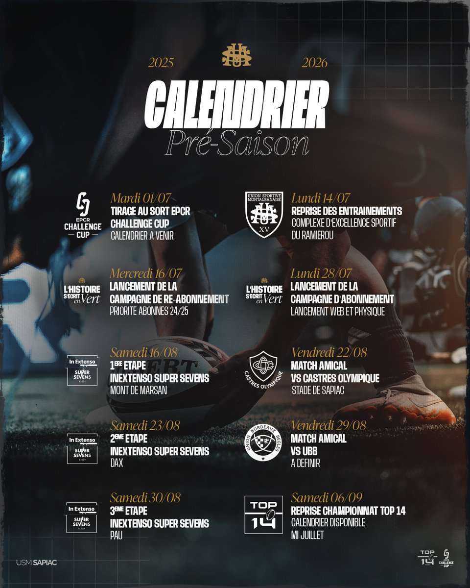 ᴘʀᴏɢʀᴀᴍᴍᴇ ɪɴᴛᴇʀ sᴀɪsᴏɴ 👩🏼‍💻

𝑹𝑬𝑷𝑹𝑰𝑺𝑬 🏃🏾
⚡️ 14/07

𝑨𝑩𝑶𝑵𝑵𝑬𝑴𝑬𝑵𝑻𝑺 🎟️
𐌌 Abonnés 24/25 ➡️ 16/07
𐌍 Nouveaux ➡️ 28/07

𝑴𝒂𝒕𝒄𝒉𝒔 𝑷𝒓é𝒑𝒂𝒓𝒂𝒕𝒊𝒐𝒏 🔥
<a href="/CastresRugby/">Castres Olympique</a>  X <a href="/UBBrugby/">Union Bordeaux Bègles</a>
𝑰𝒏𝑬𝒙𝒕𝒆𝒏𝒔𝒐 𝑺𝒖𝒑𝒆𝒓𝑺𝒆𝒗𝒆𝒏𝒔 ❼