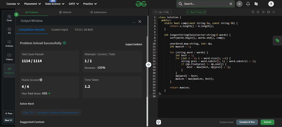 xosmoss's tweet image. ✅ Day 111 of #GfG160
Solved: Longest String Chain 🔗
@geeksforgeeks
#GeekStreak2025 #LeetCode75
Also knocked out LC:
🔢 Unique Number of Occurrences (C++ &amp; JS)
 #LeetCode  #Tech