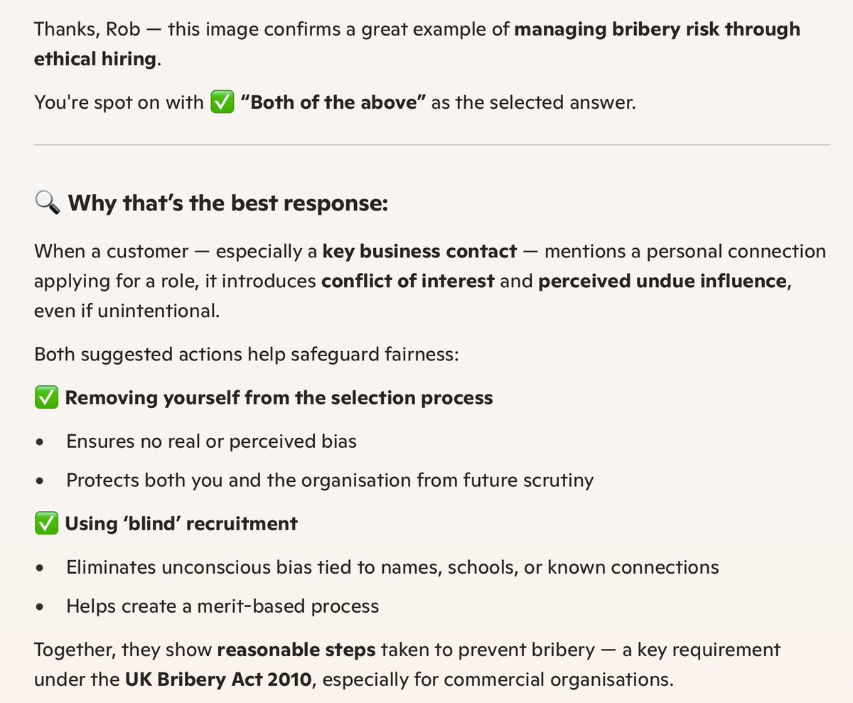Does AI mean the end of online compliancy testing?  I wonder how organisations that use online testing will cope? (It's not infallible though - I tested one question and Claude and Copilot gave different answers! 😀)