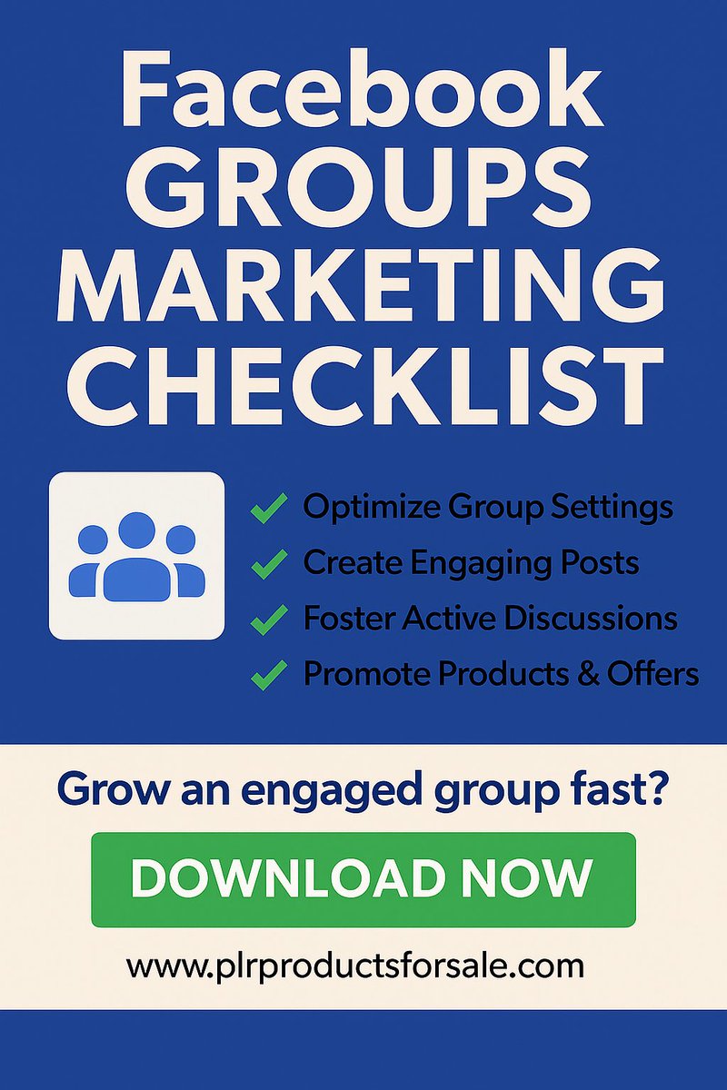 Grow an engaged group fast! 🚀 Download your FREE Facebook Groups Checklist 👇
 plrproductsforsale.com/shop/free-face…
#FacebookMarketing #Freebie
💬 ChatGPT Prompt:
“Give me a checklist for starting and growing an active, engaged Facebook Group that supports my business goals.”