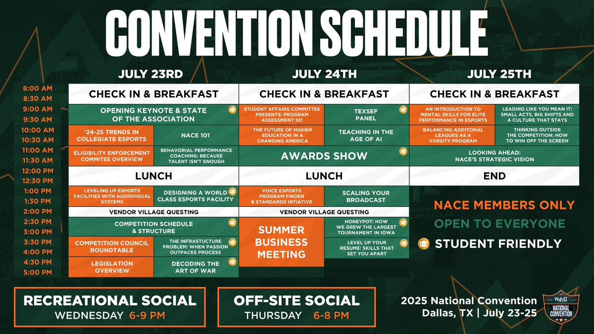 𝙋𝙧𝙤𝙜𝙧𝙖𝙢 𝙎𝙘𝙝𝙚𝙙𝙪𝙡𝙚 𝙍𝙚𝙡𝙚𝙖𝙨𝙚𝙙

We've got a packed slate of programming, socials, and celebration of varsity-level esports at this year's National Convention <a href="/UT_Dallas/">UT Dallas</a>!

Register Today: nacesports.org/convention