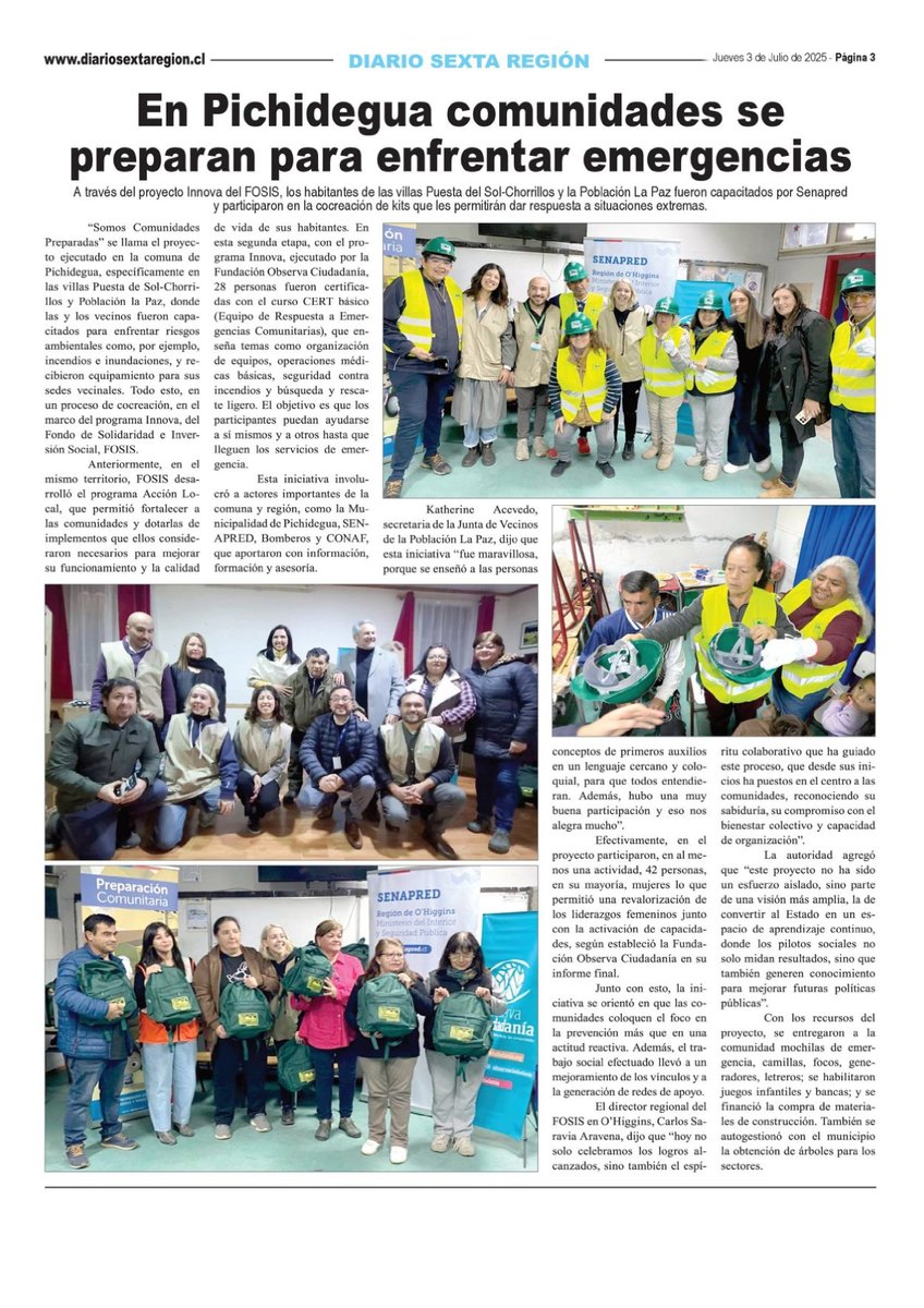 #FOSISEnLaPrensa 🗞️En <a href="/diariosexta/">Diario Sexta Región</a> se destaca el  proyecto "Somos Comunidades Preparadas" del programa Innova FOSIS, desarrollado en el sector urbano de #Pichidegua 👉Iniciativa que capacitó a la comunidad para enfrentar emergencias  🦺

#Innovación