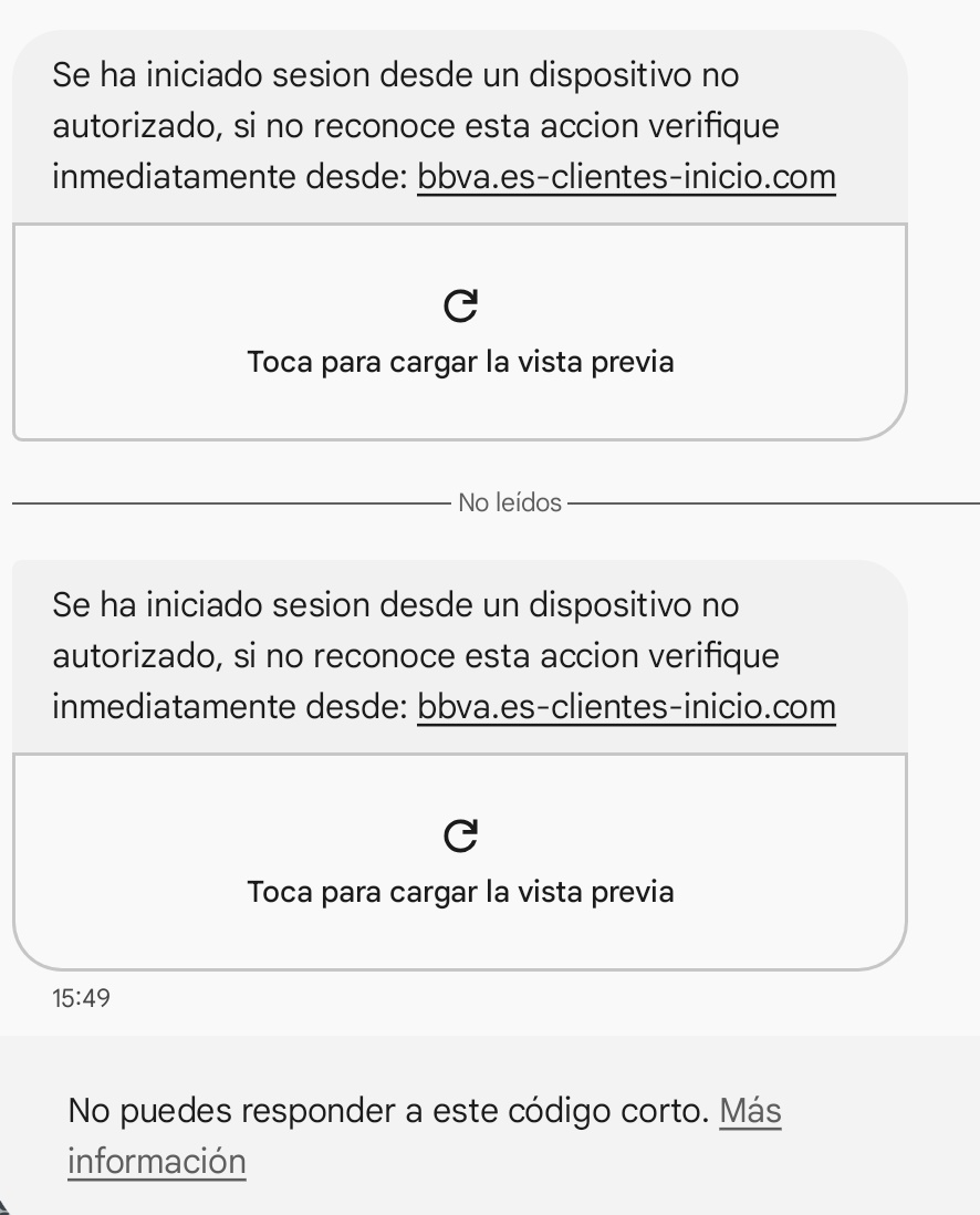 ayo_sm's tweet photo. #IOCs #IOC #cibervengadores  

Smshing // phishing @BBVA_espana con spoof y mensaje en el mismo hilo original que los mensajes recibidos con la entidad bancaria real. 

Han mandado dos mensajes seguidos, supongo que spameando mientras usan el servicio sms que estén usando. https://t.co/exr9TPJdxU