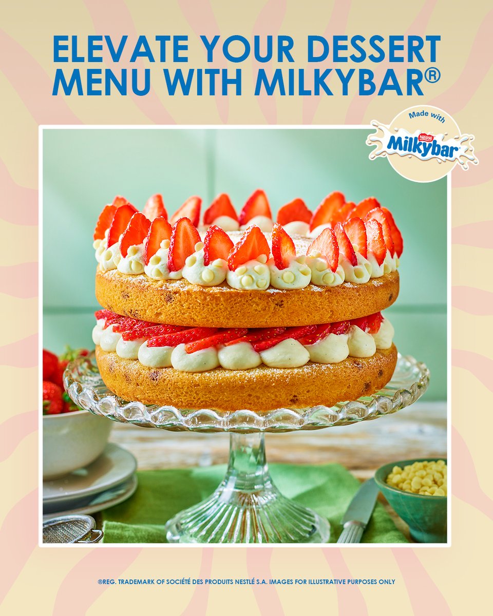 Delight your customers with our delicious MILKYBAR® Chocolate &amp; Strawberry Victoria Sponge Cake recipe 🍓 
 
Made with our MILKYBAR® White Chocolate Mix-In, fresh strawberries and whipped cream, it's an iconic combination.
 
Get the full recipe here: spr.ly/60144mfdm